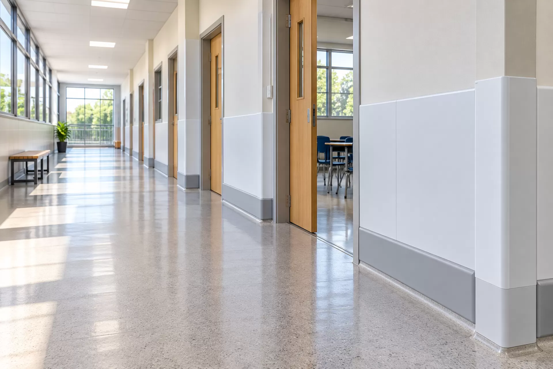 Corredor de escola vazio com a parede preservada e acabamento uniforme