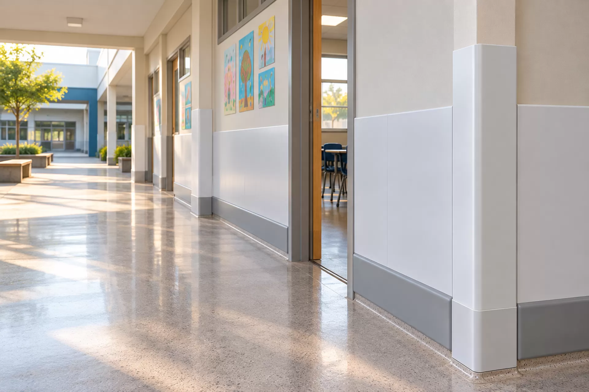 Corredor de escola com revestimento para parede branca revestindo a parede entre as salas de aula